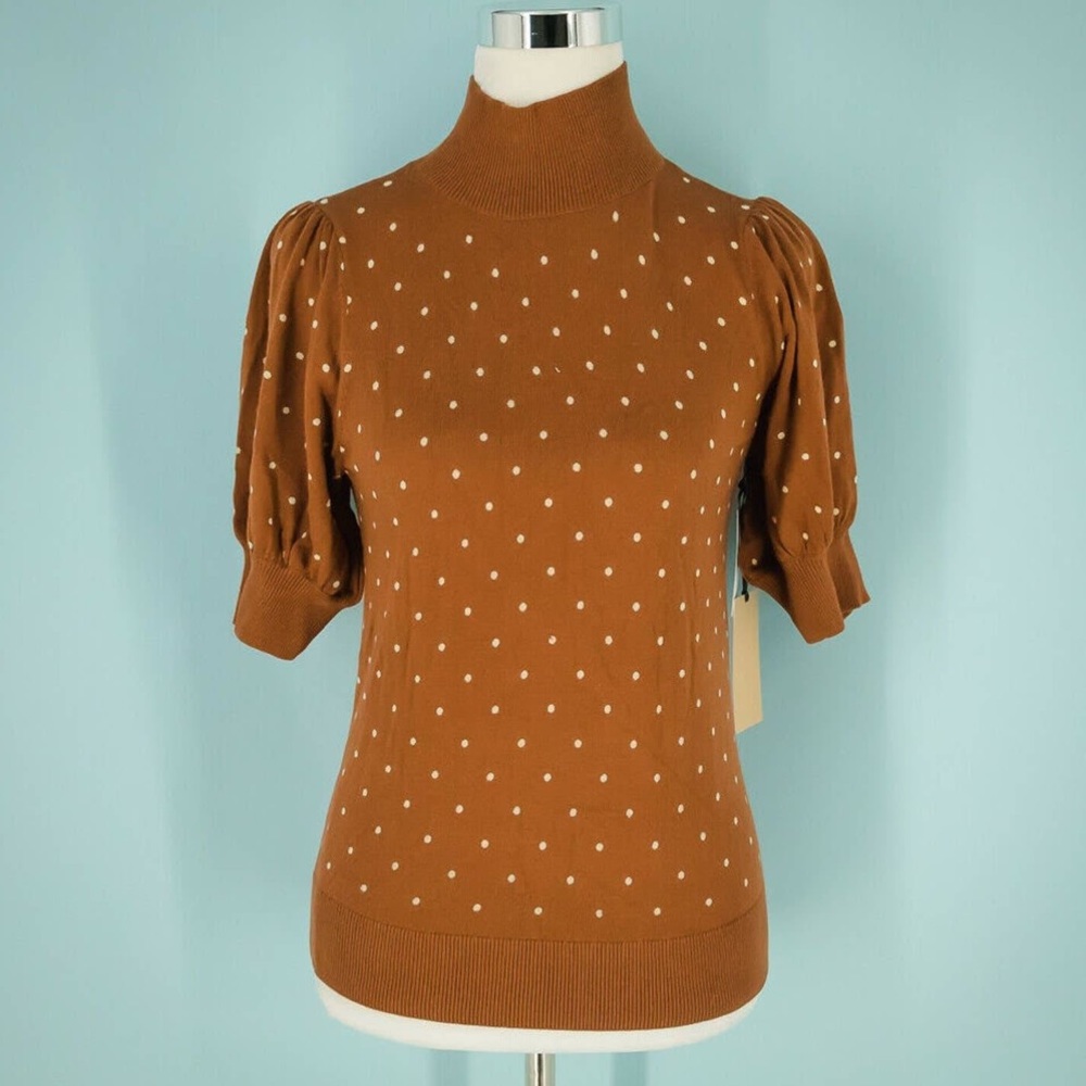 Nordstrom Halogen Polka Dot Mock Neck Sweater, Puff Sleeves, Burnt Orange/Rust